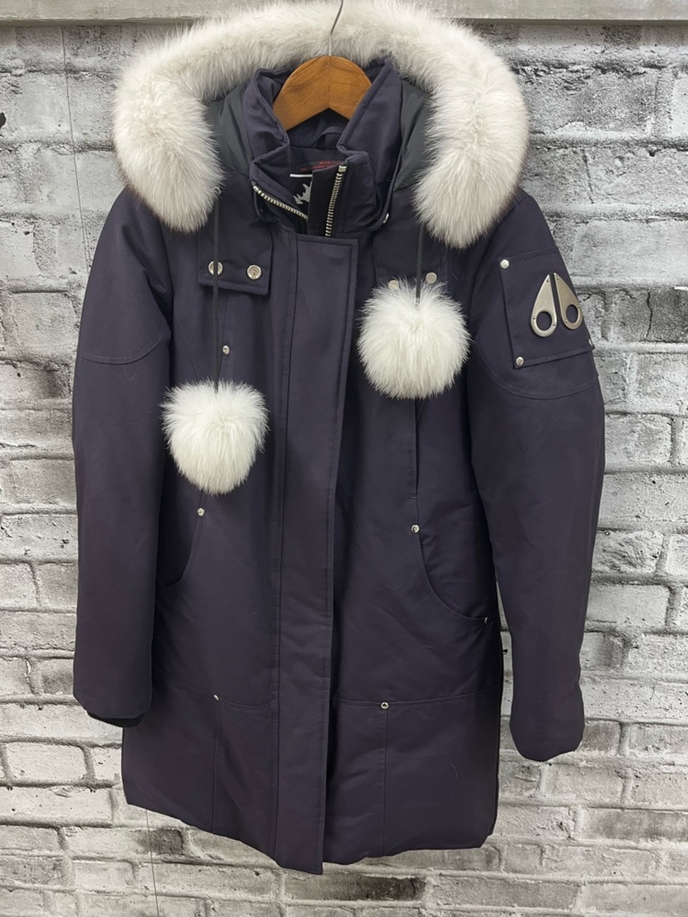 Moose Knuckles Plum Puffer Parka with White Fur Trim